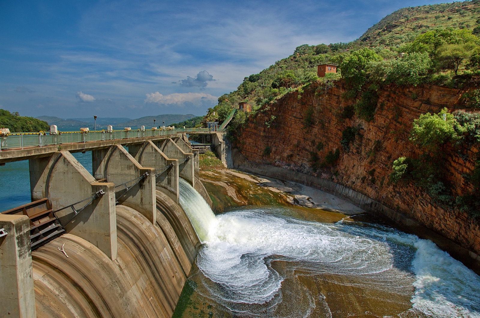 Water released through the dam's sluice gates